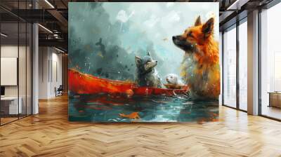 A painting featuring two dogs sitting in a red boat banner Wall mural