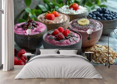 A table covered with bowls containing an assortment of different foods breakfast Wall mural