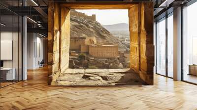 Ancient stone window framing view of derawar fort in pakistan Wall mural