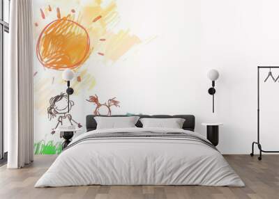 Children in grass under childlike sun, with copy space child's drawing Wall mural