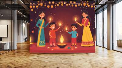 Happy indian family celebrating diwali with sparklers and oil lamps Wall mural