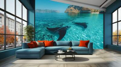 Manta rays swimming near surface in clear blue water , travel concept. Wall mural