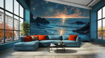 Painting depicting a beach at nighttime with stars in the sky Wall mural