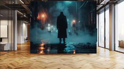 Silhouette of  man wearing a trench coat walks along a dimly lit street at night noir Wall mural