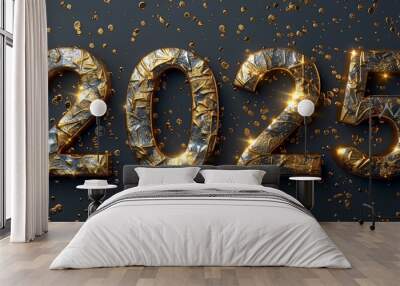 The number 2025 in gold text on a black background Wall mural