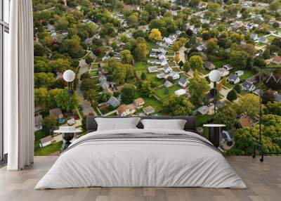 Aerial drone view of American suburban neighborhood. Establishing shot of America's  suburb. Residential single family houses pattern. Autumn Fall season Wall mural