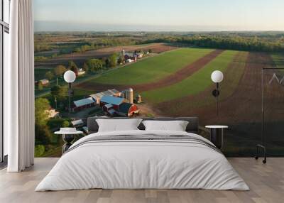 aerial view of american countryside landscape. farm, red barn, cows. rural scenery, farmland. sunny  Wall mural