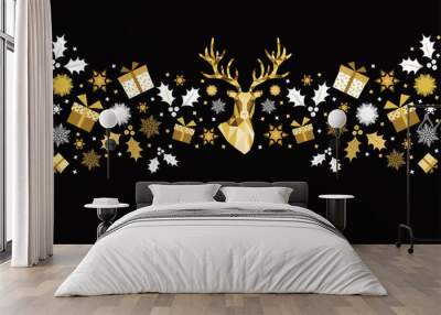  Gold Xmas head of  reindeer and Christmas pattern. Wall mural