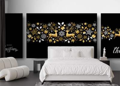 Christmas  golden  decoration  with  Xmas  reindeer, gifts,  snowflakes. Wall mural