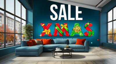 Christmas sale banner with red and green decorative letters. Wall mural