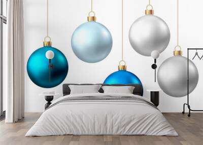 Realistic  blue, silver  Christmas  balls  isolated on white background. Wall mural