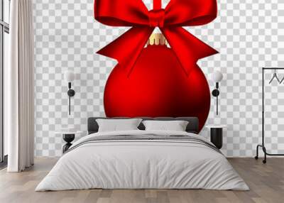 Realistic  red   Christmas  ball  with bow and ribbon. Wall mural