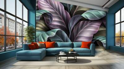 Shiny tropical leaves pastel colored in turquoise, mint, purple, pink rose, gold, blue. Watercolor 3d illustration, luxury wallpaper, premium high quality seamless mural, pattern. Digital art, tattoos Wall mural