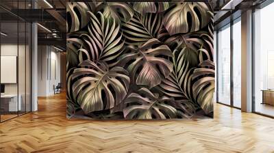 Tropical seamless pattern with palm leaves, monstera leaves in golden pink gradient. Hand-drawn dark vintage 3D illustration. Glamorous exotic abstract background. Good for luxury wallpapers, cloth Wall mural