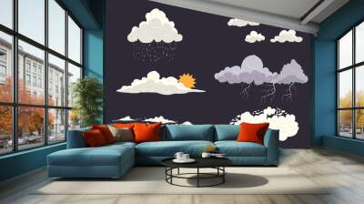 Cloud types vector set isolated on dark background with different nature states. Storm, cloudscape, sun, rain with top view Wall mural