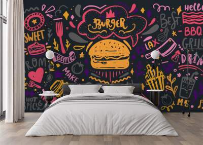 Colorful Restaurant Wall typography. Vector Food BBQ background, motivational cafe menu with lettering on chalkboard Wall mural