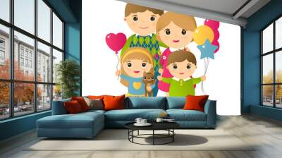 Vector illustration with the image of people. A happy family of four and a cat. Holiday International day of Families. Children hold balloons in their hands. Mom and Dad are in an embrace. Wall mural