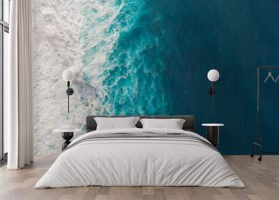 Aerial view to waves in ocean Splashing Waves. Wall mural