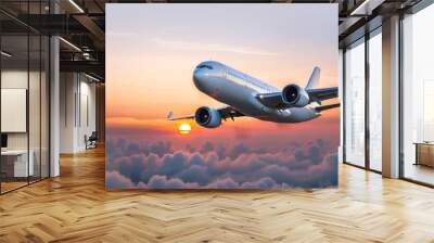 Aircraft jet flying through the clouds passing the setting sun Wall mural