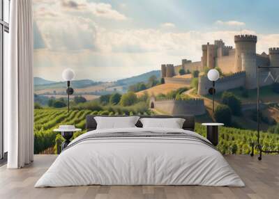 castle overlooking vineyards with ripe grapes Wall mural