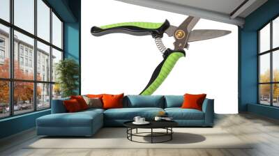 Green garden secateur isolated on a white background. Pruning shears. Top view.. Wall mural