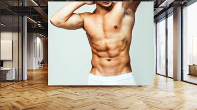 Portrait of handsome young man with stylish haircut in white underwear posing over gray background. Perfect hair & skin. Close up. Studio shot Wall mural