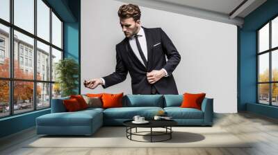 Portrait of young and handsome model in a classic black and white style clothing. Studio shot. Copy space. Wall mural