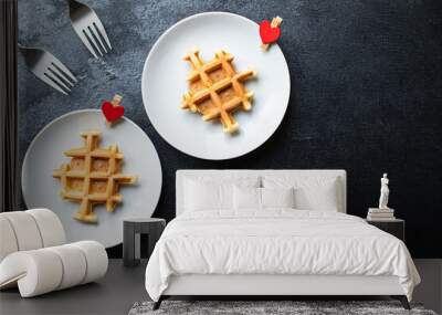 Belgian waffles breakfast for two person shape heart love
valentines day background mothers day care or 8 March pleasant top view copy space for text food background rustic Wall mural