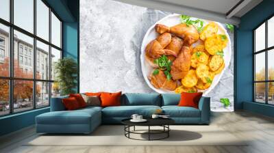 chicken and potatoes fried baked vegetable poultry meat dish on the table healthy meal snack copy space food background rustic  Wall mural