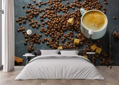 coffee fresh and hot in a white cup, aroma. serving of beverage (coffee grain). food. top view. copy space Wall mural