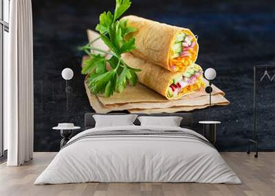 doner kebab shawarma vegetable pita bread filling vegetables organic dish on the table healthy meal snack copy space food background top view  Wall mural