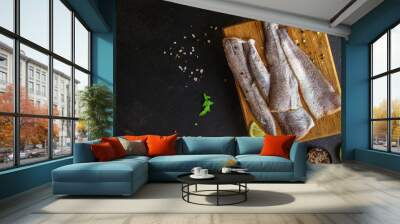 fish raw hake (set of ingredients for cooking). food background. top view. copy space Wall mural