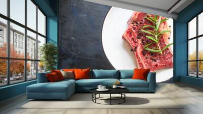 fresh raw steak rib eye meat beef juicy on the table serving size top view copy space for text food background rustic Wall mural