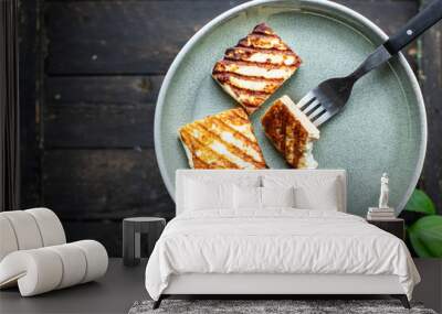 grilled cheese halloumi fried meal snack copy space food background rustic. top view keto or paleo diet Wall mural