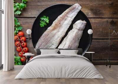 hake fresh pangasius fish seafood ingredient on the table healthy food meal copy space food background rustic top Wall mural