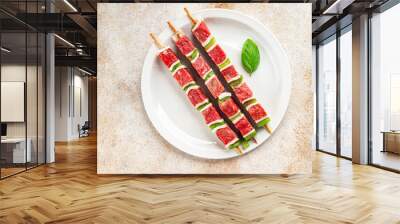 kebab raw meat fresh vegetables pork, lard, pepper, vegetable dish gourmet food background on the table rustic food top view copy space Wall mural