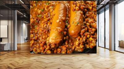 Lentil with sausages tasty food dish second course аresh delicious gourmet food background on the table rustic food top view copy space top view Wall mural