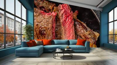 meat steak grilled barbecue juicy beef fresh delicious gourmet food background on the table rustick food top view copy space Wall mural