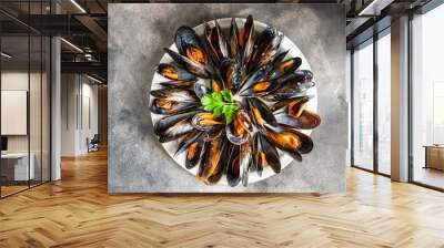 mussels in shells fresh seafood meal on the table copy space food background rustic top view  Wall mural