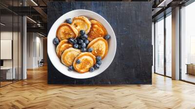 pancakes with blueberries fresh breakfast sweet dessert fresh portion ready to eat meal snack on the table copy space food background rustic. top view Wall mural