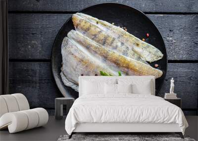 raw fillet no fish bones pike perch fresh seafood hake meal snack copy space food background rustic keto or paleo diet vegetarian food pescetarian diet Wall mural