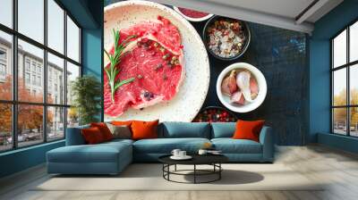 raw steak fresh beef meat portion on the table for healthy meal snack outdoor top view copy space for text food background rustic image Wall mural