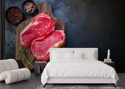 raw steak meat (beef or veal cooking) menu concept background. top view. copy spaces Wall mural