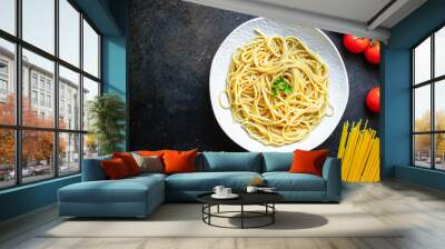 spaghetti durum wheat pasta second course gluten free snack ready to eat on the table healthy meal snack ingredient top view copy space for text food background rustic Wall mural