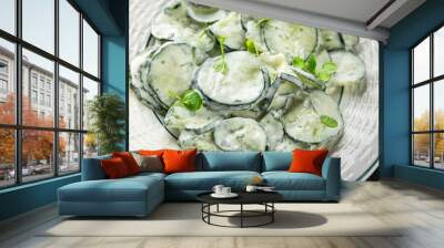 Сucumber salad fresh cream tasty food dish fresh delicious gourmet food background on the table rustic food top view copy space top view keto and paleo diet Vegetarian and vegan food Wall mural