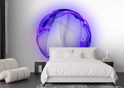 Cyber glowing 3d sphere of purple and black particles on a white background. Energy orb. Neon 3d sphere. Technology, science, artificial intelligence. Virtual assistant concept. Wall mural