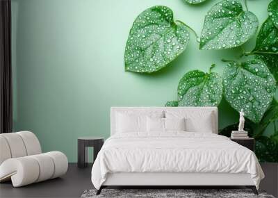 Houttuynia cordata leaves with water drops on light green plain background, cosmetic banner Wall mural