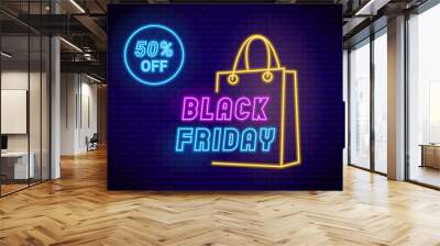 Neon Black Friday background featuring 50 percent discount. Vector illustration or promotional designs, retail sales and eye-catching advertising campaigns Wall mural