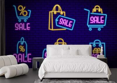 Set of neon sale elements. Vector illustration for promotional designs, discount labels and marketing elements Wall mural