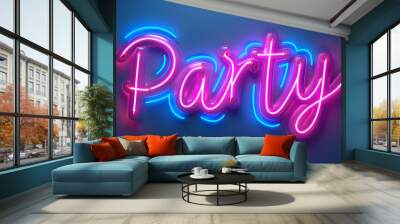 Pink glowing neon sign displaying the word party in a script alphabet font Wall mural